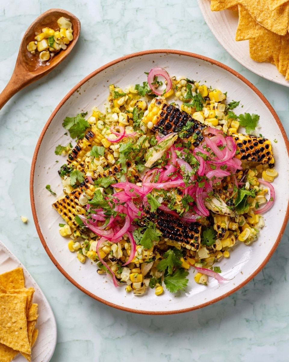 A white plate with a thin brown rim holds a bright grilled corn salad, showing about three layers: the bottom layer has small yellow corn kernels mixed with chopped green herbs, the middle layer includes larger, grilled corn pieces with black grill marks, and the top layer is sprinkled with thin slices of pink pickled onions and fresh green cilantro leaves, some finely chopped. The salad looks fresh and colorful with a mix of textures from crunchy corn to soft herbs and tangy onions, all set on a white marbled surface. A wooden spoon with some of the salad and a white plate with pieces of tortilla chips are nearby. photo taken with an iphone --ar 4:5 --v 7