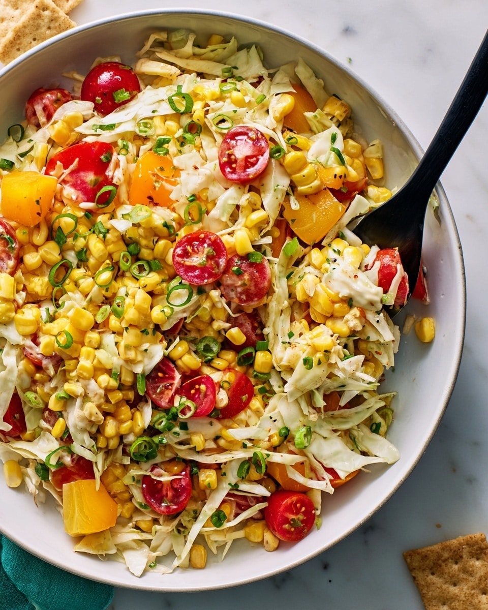 A large white bowl filled with a colorful salad showing several layers: the base is made of white shredded cabbage with a crunchy texture, mixed throughout are bright yellow corn kernels and chunks of golden yellow and orange vegetables. Scattered red cherry tomato halves add a fresh pop of color along with small green onion slices sprinkled evenly on top. A black fork rests on the right side of the bowl, lifted slightly with bits of salad speared on it. The bowl sits on a white marbled surface with a small piece of a cracker visible in the bottom right corner. photo taken with an iphone --ar 4:5 --v 7