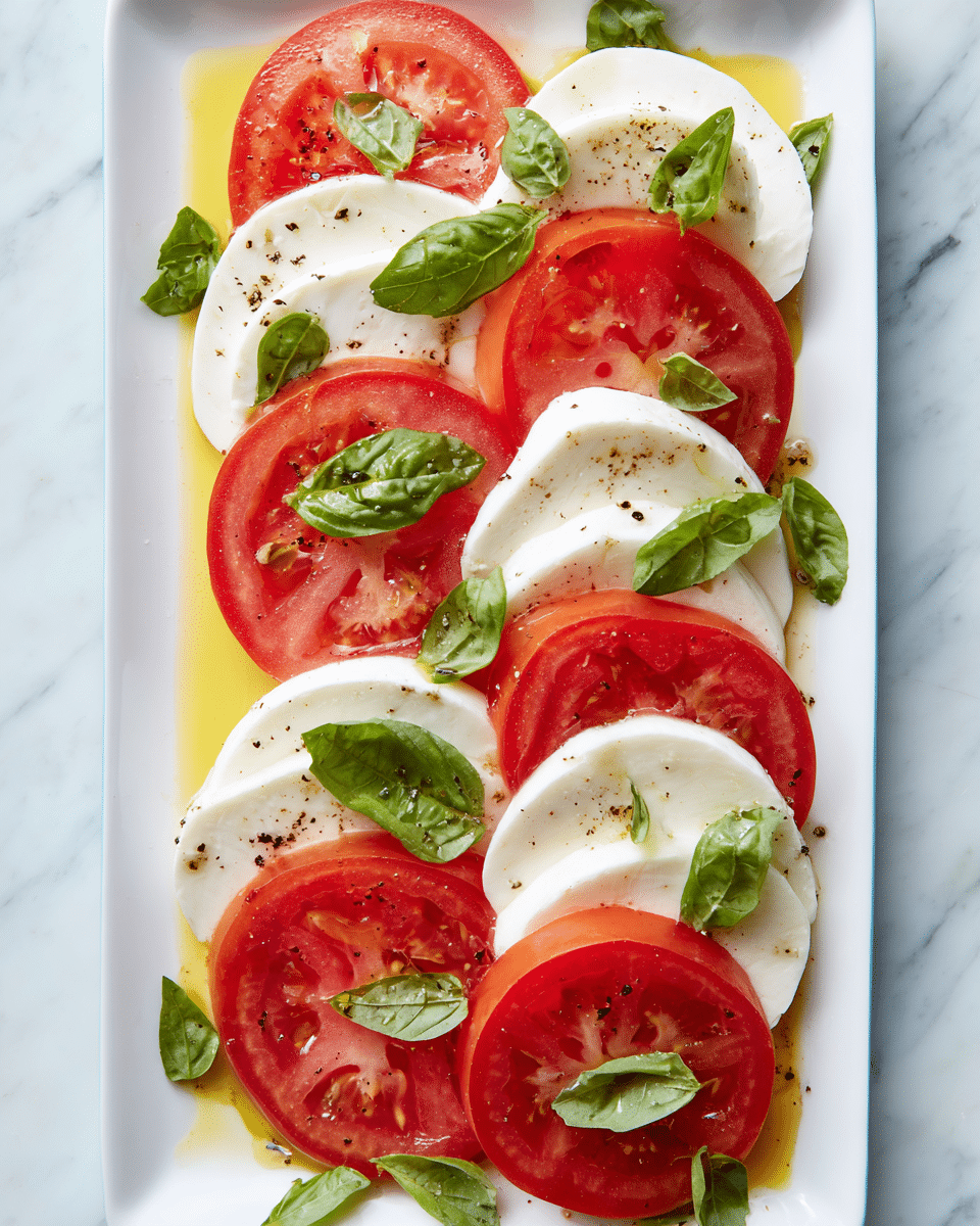 A white rectangular plate holds a Caprese salad with alternating layers of thick, smooth white mozzarella slices and bright red tomato slices arranged in two vertical rows. Each tomato slice reveals its juicy, slightly translucent texture with small black pepper spots. Fresh, vivid green basil leaves are scattered on top and in between the layers, adding vibrant color and a natural look. A light drizzle of golden olive oil shines on the layers, making them look glossy and fresh. The plate is set on a white marbled surface that adds a soft contrast to the colors. photo taken with an iphone --ar 4:5 --v 7