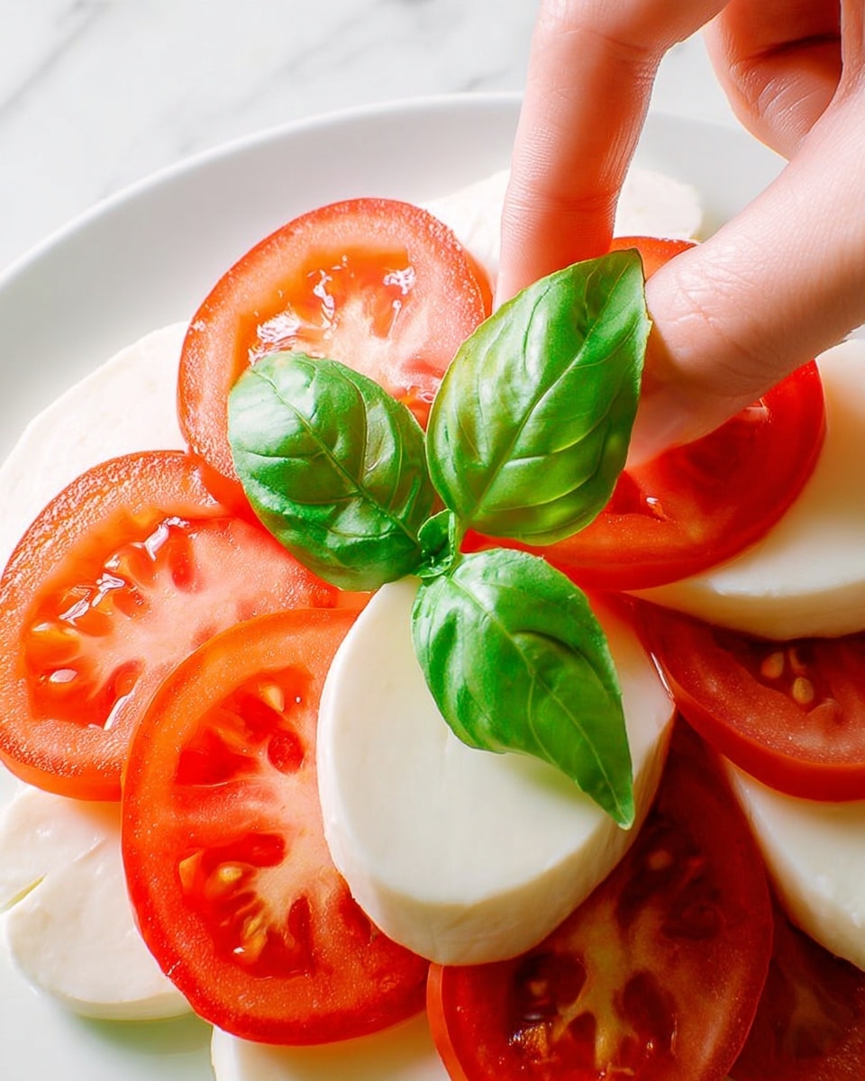 The image shows a close-up of a fresh Caprese salad arranged in layers on a white plate. The first layer consists of smooth, white slices of mozzarella cheese placed evenly around the plate. Between each slice of cheese, there are bright red tomato slices with visible juicy seeds and a shiny texture. A woman's hand is placing a fresh, green basil leaf on top of the tomatoes and cheese, adding a touch of vibrant color. The background is a white marbled texture that highlights the freshness of the ingredients. photo taken with an iphone --ar 4:5 --v 7