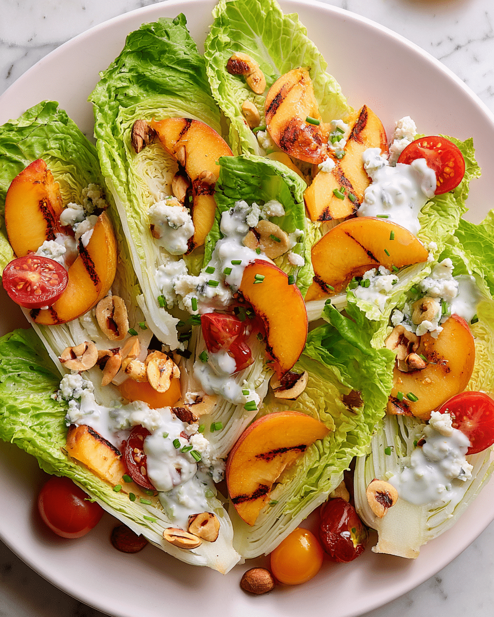 A white plate holds a fresh salad with 4 large wedges of light green iceberg lettuce placed evenly around the plate. Between the lettuce wedges are grilled peach slices showing a warm orange color with brown grill marks. Bright red and yellow cherry tomato halves fill in spaces around the lettuce and peaches. Dollops of creamy white dressing are drizzled on top of the lettuce and peaches, with small pieces of chives sprinkled over everything. Crumbled pieces of blue cheese and scattered halved hazelnuts add texture and color contrast, with the whole scene set against a white marbled texture. photo taken with an iphone --ar 4:5 --v 7