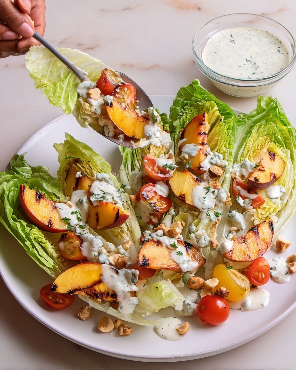 A white plate holds a salad with five big wedge slices of green iceberg lettuce spread out evenly, topped with grilled peach slices showing brown grill marks, red and yellow cherry tomato halves, and small pieces of blue cheese. The salad is drizzled with a creamy white dressing speckled with green herbs and sprinkled with whole and chopped hazelnuts. A woman’s hand holding a large silver spoon lifts one wedge of lettuce with a peach slice and dressing, while a small clear glass bowl filled with more dressing sits in the background on a white marbled surface. photo taken with an iphone --ar 4:5 --v 7
