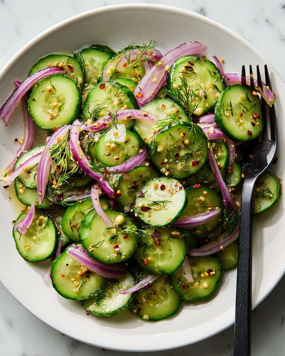 A white plate holds a fresh cucumber salad made of two main layers. The base layer features round, shiny, green cucumber slices with a mix of light and dark green edges, neatly arranged all over the plate. On top of the cucumbers, thin slices of purple-red onion add a vibrant color contrast, scattered unevenly. The salad is sprinkled with small yellow mustard seeds and finely chopped green herbs, giving texture and extra color spots. A few pieces of crushed red chili flakes are visible on the top, adding a touch of red. A black fork rests on the edge of the plate, all set on a white marbled surface. Photo taken with an iphone --ar 4:5 --v 7
