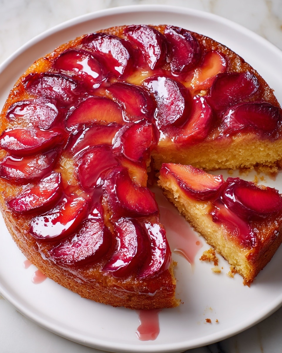 A round cake on a white plate has one visible layer of golden-brown sponge with a shiny, ruby red glazed topping made of thinly sliced plums arranged in concentric circles starting from the center, overlapping slightly, and covering the entire surface; the glossy fruit layer creates a vibrant contrast with the soft textured cake below, and some juice stains the plate around the dessert, all placed on a white marbled surface. photo taken with an iphone --ar 4:5 --v 7