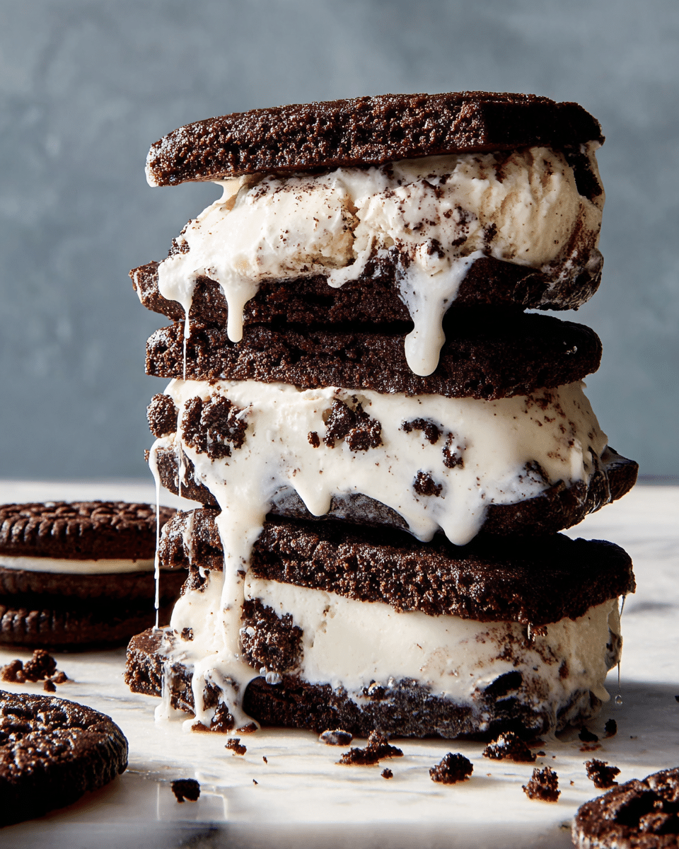 A tall stack of three thick layers of dark, crumbly chocolate cookie pieces with a creamy white ice cream filling sandwiched between each layer, with the ice cream slightly melting and dripping down the sides, showing small bits of cookies mixed inside it as well; the stack sits on a white marbled surface with more whole and broken chocolate cookie sandwiches around the base, creating a rich and textured contrast against the smooth ice cream. photo taken with an iphone --ar 4:5 --v 7
