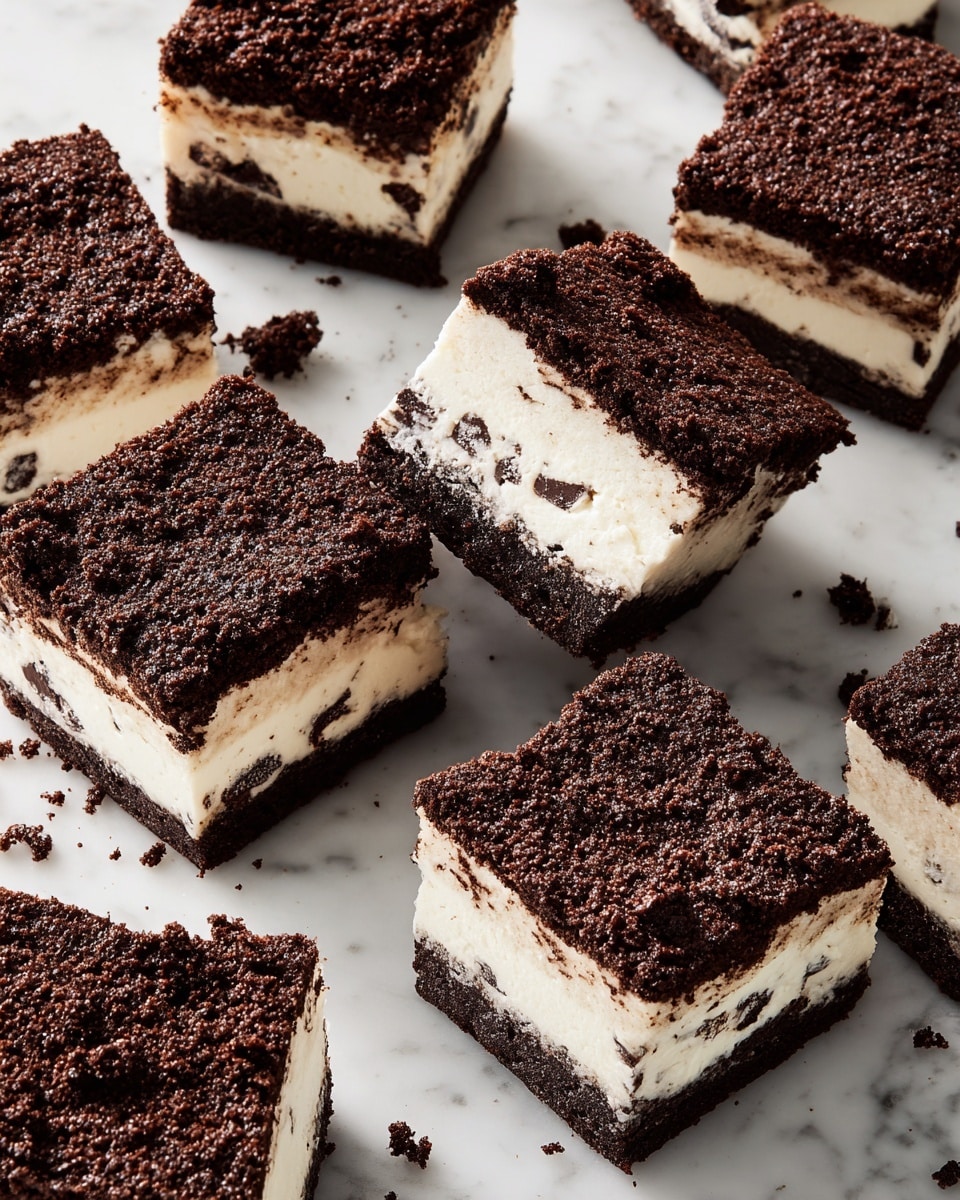 The image shows several square dessert bars arranged randomly on a white marbled surface. Each bar has three distinct layers: a dark brown crumbly top layer with a rough texture, a thick middle layer of creamy white filling with small dark brown chocolate bits, and a dense dark brown bottom layer similar in texture to the top. Some crumbs are scattered around the bars, adding to the crumbly appearance. photo taken with an iphone --ar 4:5 --v 7