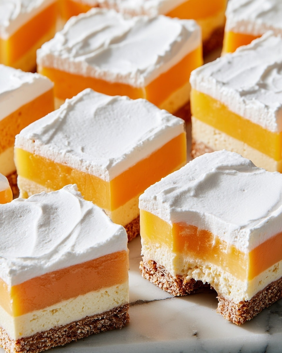 A square slice of layered dessert sits on a white plate over a white marbled surface, with a black fork pressing gently into the top layer. The bottom layer is a crumbly brown crust with a rough texture. Above it is a thick, smooth white creamy layer, followed by a thick, light orange mousse layer with tiny air holes visible, giving it a light and airy look. The top layer is a thick, fluffy white cream with soft peaks. The whole dessert is cleanly cut into a neat block. photo taken with an iphone --ar 4:5 --v 7
