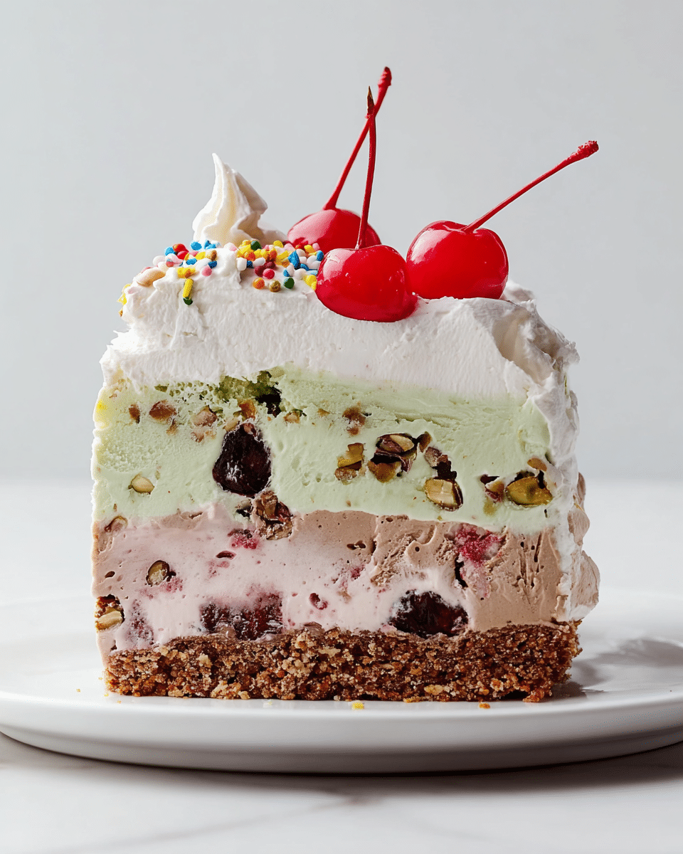 A close-up slice of a layered ice cream cake resting on a white rectangular plate with a white marbled texture background, showing five distinct layers: the bottom layer is a crunchy, light brown cookie base; above it is a pinkish berry ice cream combined with berry pieces and visible red cherry slices; the third layer is a pale green pistachio ice cream with small nut pieces dispersed; the fourth layer is a smooth chocolate ice cream with a rich brown tone; finally, the top layer is a thick, white whipped cream topped with colorful sprinkles and three bright red cherries with stems placed on top. The cake's texture ranges from crunchy at the base to soft and creamy through the ice cream layers, with the whipped cream looking fluffy and light; minimal melting is visible near the top. photo taken with an iphone --ar 4:5 --v 7