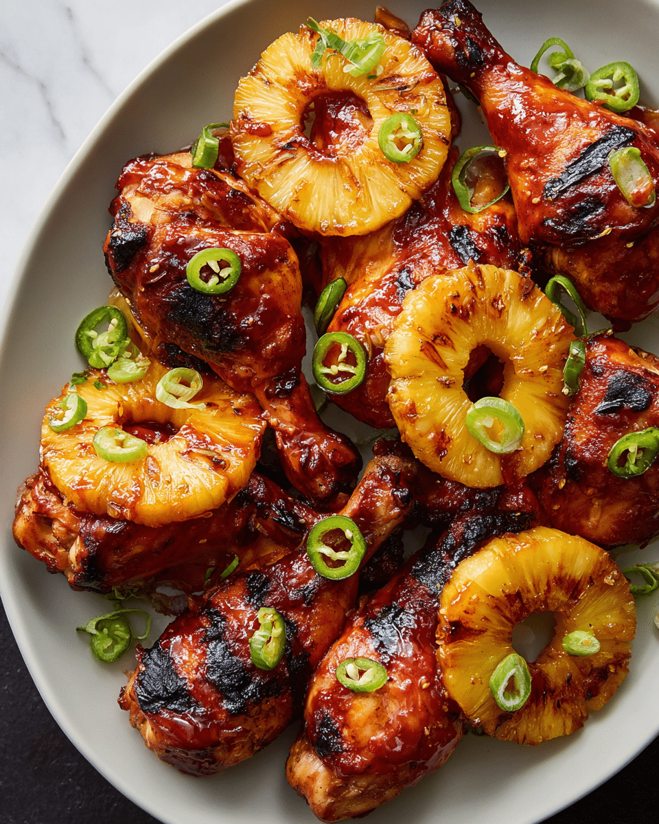 A white plate holds several pieces of grilled chicken drumsticks topped with thick, golden-yellow pineapple rings with char marks. The chicken is covered in a shiny, reddish-brown glaze that looks sticky and sweet, with some blackened grill spots. Scattered on top are thin slices of bright green jalapeño and small pieces of green onion, adding a fresh contrast. The plate rests on a white marbled surface. photo taken with an iphone --ar 4:5 --v 7
