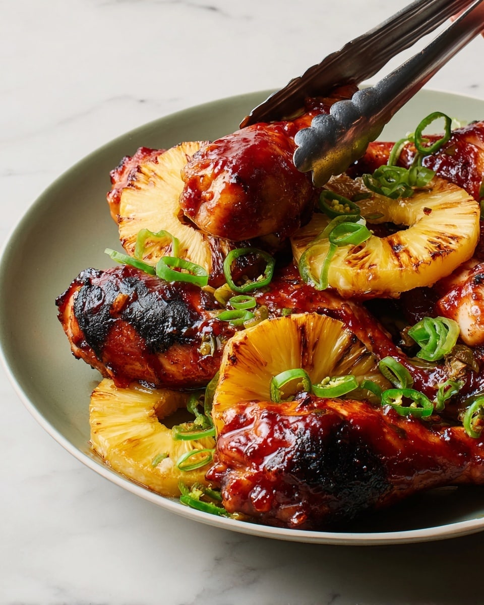 The image shows several grilled chicken drumsticks covered in shiny, dark red barbecue sauce with some charred spots, placed on a white plate. On top of and around the drumsticks, there are slices of golden-yellow grilled pineapple with some caramelized edges. Bright green sliced scallions and thin green jalapeño pieces are scattered over the dish, adding color contrast. A woman's hand holding tongs is lifting one of the drumsticks. The plate rests on a white marbled surface. photo taken with an iphone --ar 4:5 --v 7