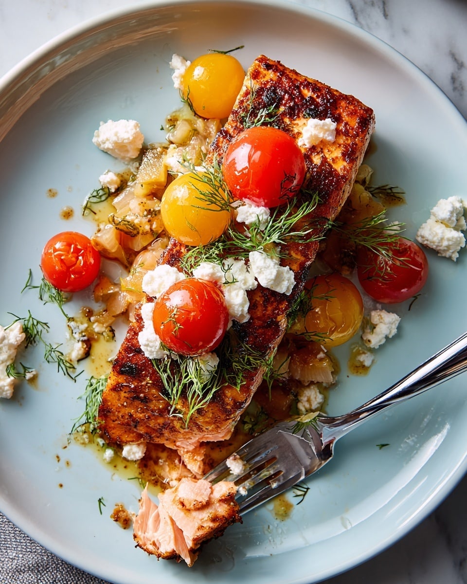A rectangular piece of cooked salmon with a reddish-brown crust sits in the center of a white plate, topped with three small cherry tomatoes in red and yellow and dollops of white crumbly cheese, garnished with small green dill sprigs. Underneath, there is a layer of diced cooked onions and lightly cooked yellow cherry tomatoes. A silver fork is placed at the edge of the plate with a small bite of salmon on it. Some cheese crumbs and a small smear of sauce are scattered on the plate. The plate rests on a white marbled surface. photo taken with an iphone --ar 4:5 --v 7