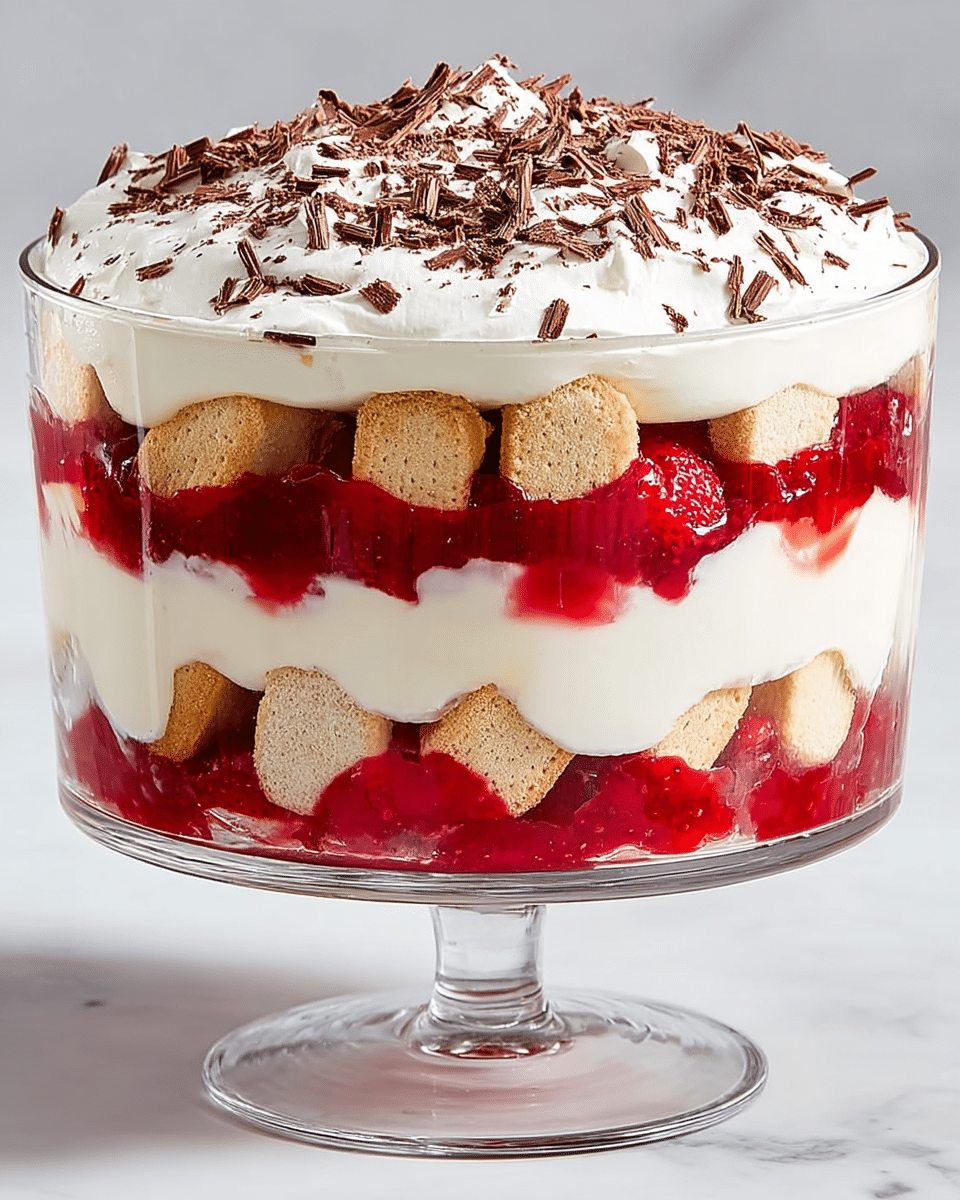 The image shows a clear glass trifle bowl filled with five distinct layers, placed on a white marbled surface. The bottom layer is smooth and creamy white, topped by a layer of wet biscuit pieces in a light tan color. Above this is a bright red layer of strawberry or raspberry fruit jelly with visible soft fruit chunks, then another creamy white layer. Following this is a second layer of light tan biscuits evenly placed, with another red jelly layer above it. The top layer is thick whipped cream, bright white and fluffy, sprinkled with dark brown chocolate shavings. The bowl is transparent, showing all the colorful layers clearly inside. Photo taken with an iphone --ar 4:5 --v 7