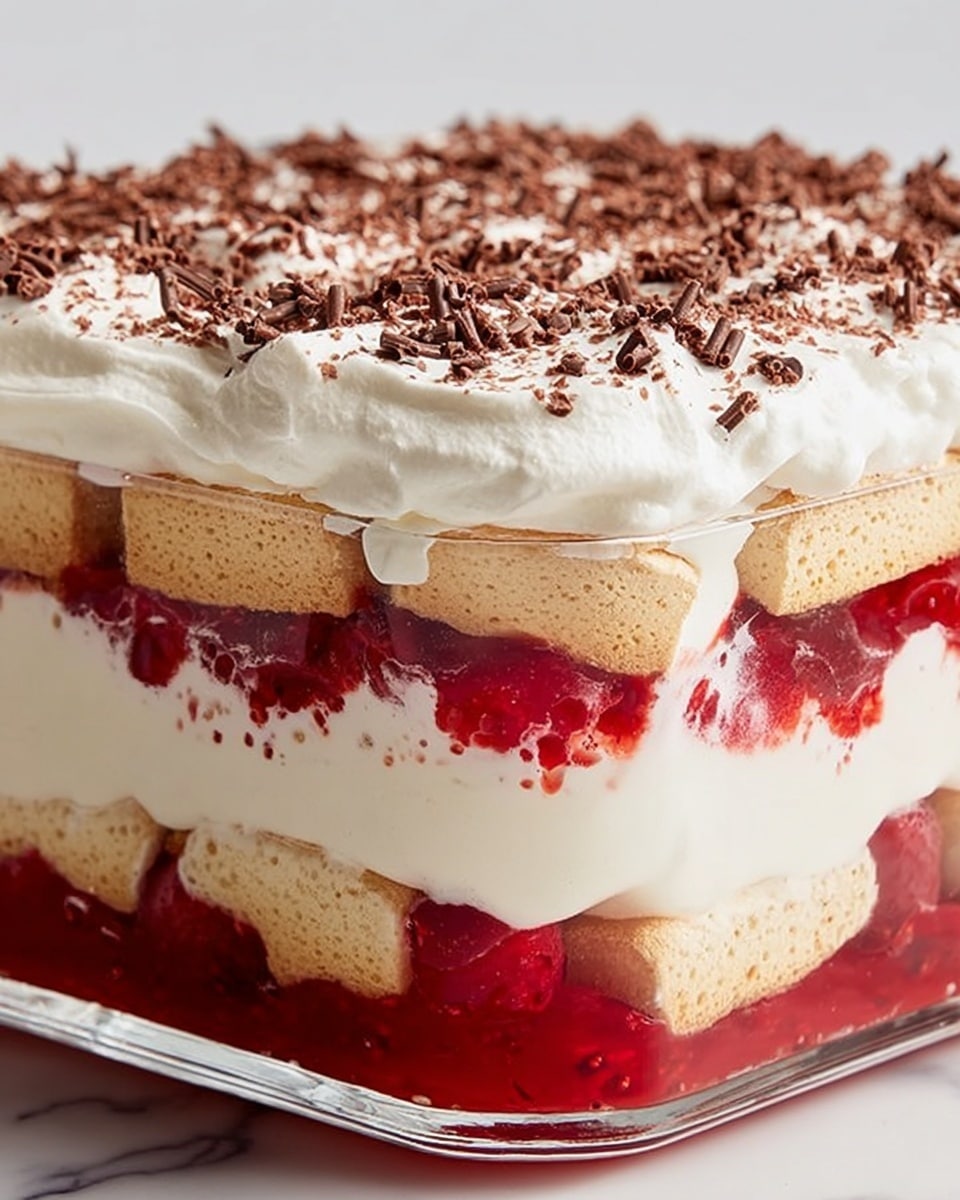 The image shows a close-up of a layered dessert in a clear glass dish, set on a white marbled texture. The dessert has five visible layers: the bottom layer is light tan cookies, followed by a thick layer of white creamy filling, then a bright red jelly with embedded raspberries, another layer of light tan cookies, a second thick white cream layer, another red jelly with raspberries, a final layer of tan cookies, topped with a thick layer of white whipped cream and sprinkled with dark brown chocolate shavings. The colors and textures are clear and vivid, emphasizing the softness of the cream and the firmness of the cookies and jelly. Photo taken with an iphone --ar 4:5 --v 7