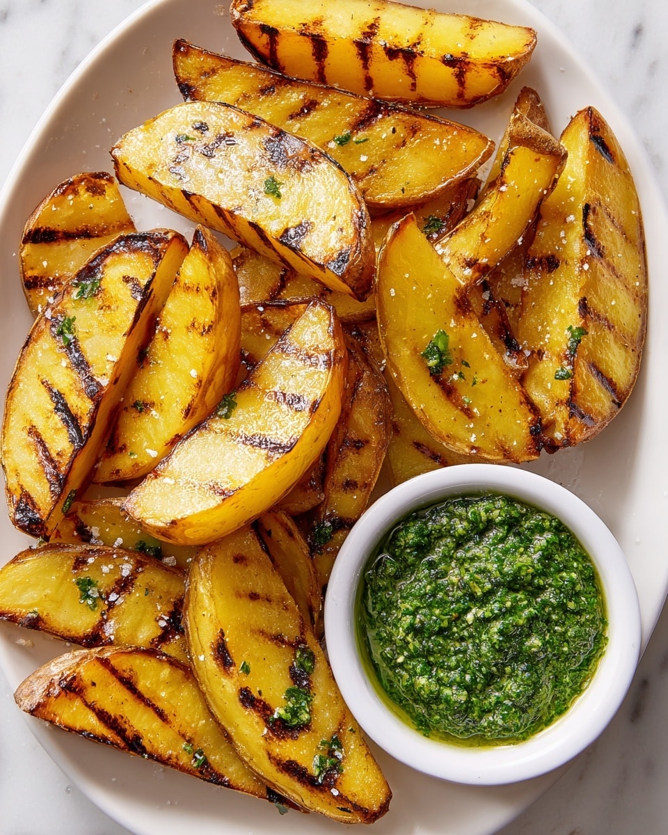 A white plate holds one layer of grilled potato wedges, each piece cut thick and showing golden yellow flesh with crispy brown grill marks on top, some wedges slightly overlapping others. The surface of the potatoes looks shiny and slightly oily with a few grains of salt visible. On the bottom right of the plate, a small white bowl is filled with vivid green chimichurri sauce with a coarse texture. The whole setting is on a white marbled surface. photo taken with an iphone --ar 4:5 --v 7