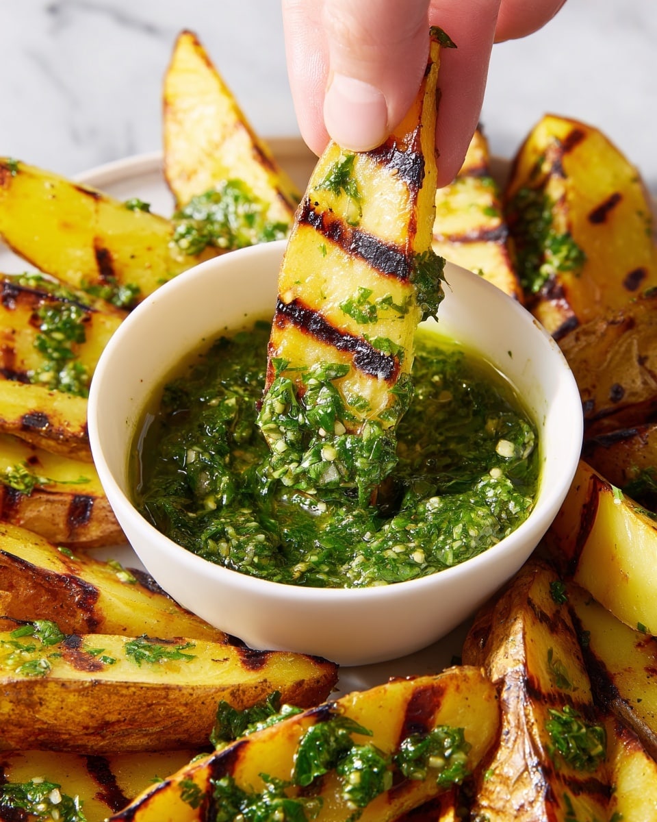 The image shows a close-up of grilled potato wedges with dark grill marks, arranged around a white small bowl filled with green herb sauce, likely chimichurri or pesto. One wedge is being held by a woman's hand, dipped into the thick, chunky green sauce, with bright green herbs visible in the sauce. The potato wedges have a golden yellow inside with a slightly crispy, browned edge. The background is a white marbled texture. photo taken with an iphone --ar 4:5 --v 7