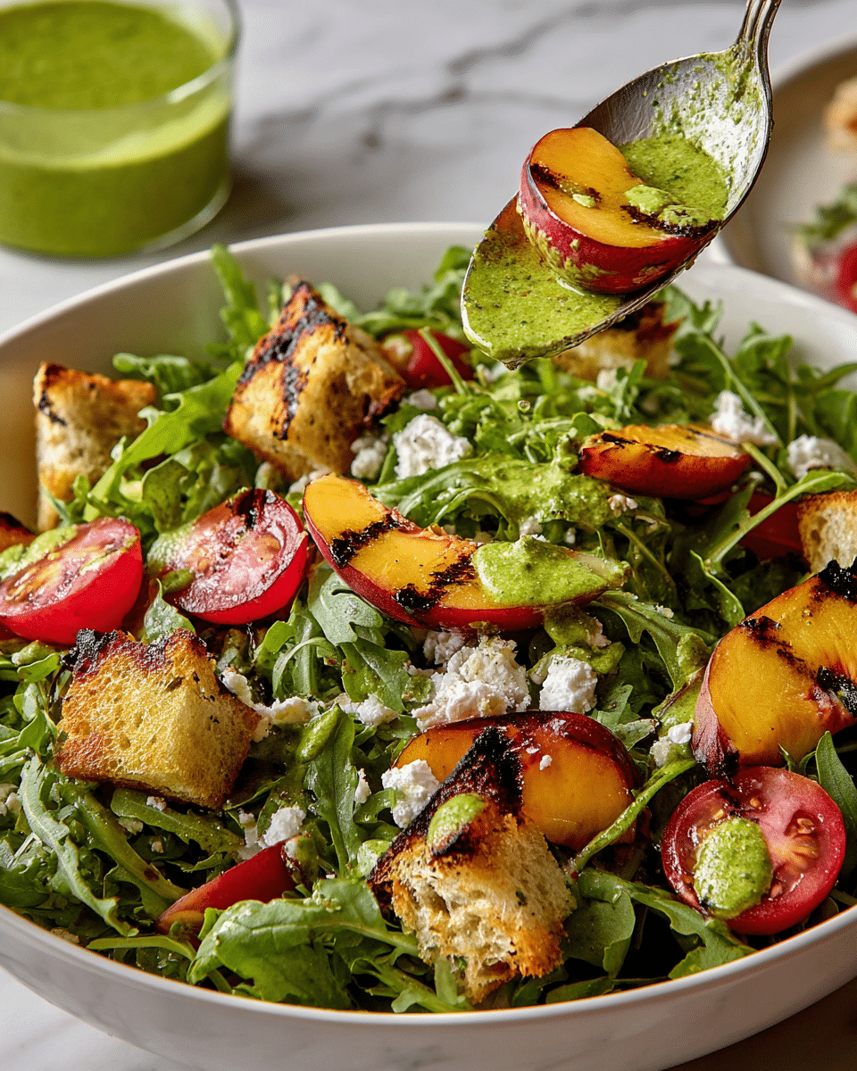 A close-up of a fresh salad served in a white bowl placed on a white marbled surface, featuring a mix of dark green arugula leaves as the base, bright red cherry tomato halves scattered throughout, and grilled peach slices with distinct brown grill marks. There are small white crumbles of cheese spread unevenly on top and crunchy toasted bread pieces with golden-brown edges. The salad is drizzled with a vibrant green dressing that has a smooth texture, some of which is being lightly poured over with a spoon holding a grilled peach slice and a piece of toasted bread. In the background, a small clear glass container holds more of the green dressing. photo taken with an iphone --ar 4:5 --v 7