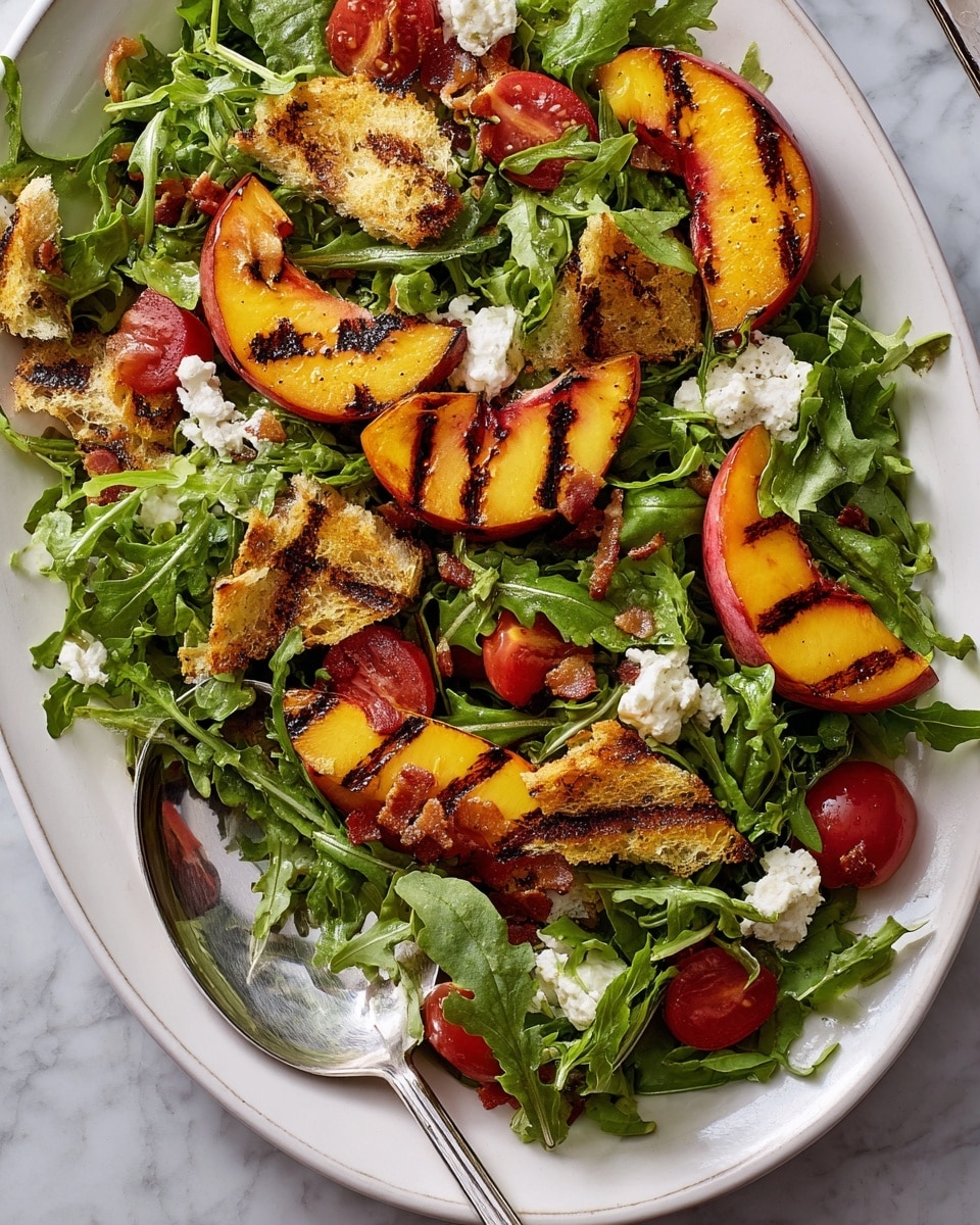 The dish is a fresh salad served on a white oval plate placed on a white marbled surface. The base layer consists of bright green arugula leaves that cover the entire plate. On top, there are grilled peach slices with dark grill marks and halved cherry tomatoes showing their juicy red interior scattered evenly. White crumbled cheese pieces and small chunks of crispy grilled bread with golden brown and slightly charred textures are layered throughout. Tiny pieces of crispy bacon bits add contrast and texture, and a shiny silver serving spoon rests on the side of the plate. Photo taken with an iphone --ar 4:5 --v 7