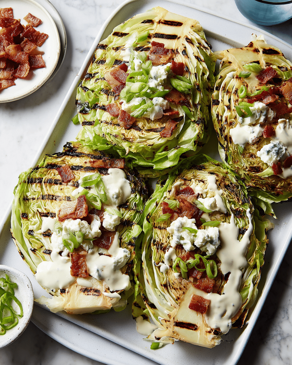 The image shows four thick slices of grilled cabbage placed on a large white tray. Each cabbage slice has dark grill marks running horizontally, with some leaves slightly charred at the edges. The green layers of the cabbage vary from light green at the center to darker green on the outer leaves. Drizzled over each slice is a creamy white sauce with a smooth texture. Small chunks of crispy bacon and dollops of white cheese are scattered on top, along with fresh green sliced scallions that add a pop of color. A white plate with extra bacon pieces and another white plate with more sliced scallions are partially visible on a white marbled background. photo taken with an iphone --ar 4:5 --v 7