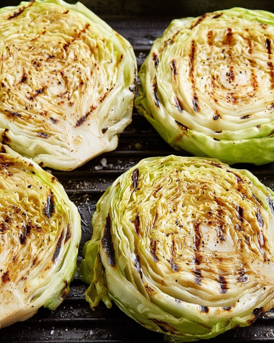 The image shows five round slices of grilled cabbage on a black grill surface. Each slice has layers of light green outer leaves and tightly packed pale yellow inner leaves with visible char marks and black grill lines running across them. The cabbage slices have a slightly glossy texture from the grilling, with some browned and crispy edges. Light black pepper specks are scattered on the grilled cabbage surfaces, adding to the texture and color contrast. The background is a white marbled texture. Photo taken with an iphone --ar 4:5 --v 7