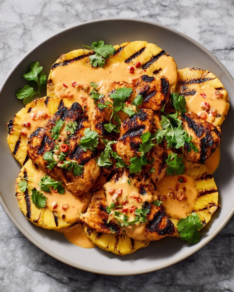 A white plate holds a visually rich dish with two main layers. The bottom layer shows large round slices of grilled pineapple with dark, charred grill marks creating a striped pattern across the golden yellow fruit. On top, there are thick, grilled chicken pieces also marked with distinct black grill lines and covered with a creamy, light orange sauce that has small red and green pepper bits, adding texture. Fresh green cilantro leaves are scattered on top, adding a fresh color contrast. The plate is set against a white marbled textured surface. Photo taken with an iphone --ar 4:5 --v 7