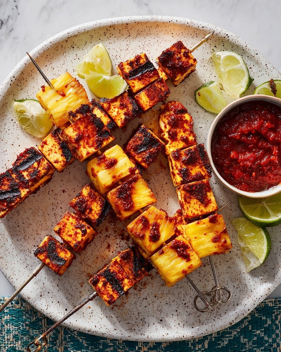 Two metal skewers hold grilled cubes of tofu and pineapple pieces, each piece showing char marks and a reddish spice coating, arranged alternately. The tofu is light tan with dark grill lines and a red sauce, while the pineapple is bright yellow with caramelized brown edges. The skewers rest on a large white speckled plate with a white marbled background. On the plate is a small round bowl filled with chunky red sauce and some squeezed lime halves and wedges in light green near the edge. photo taken with an iphone --ar 4:5 --v 7