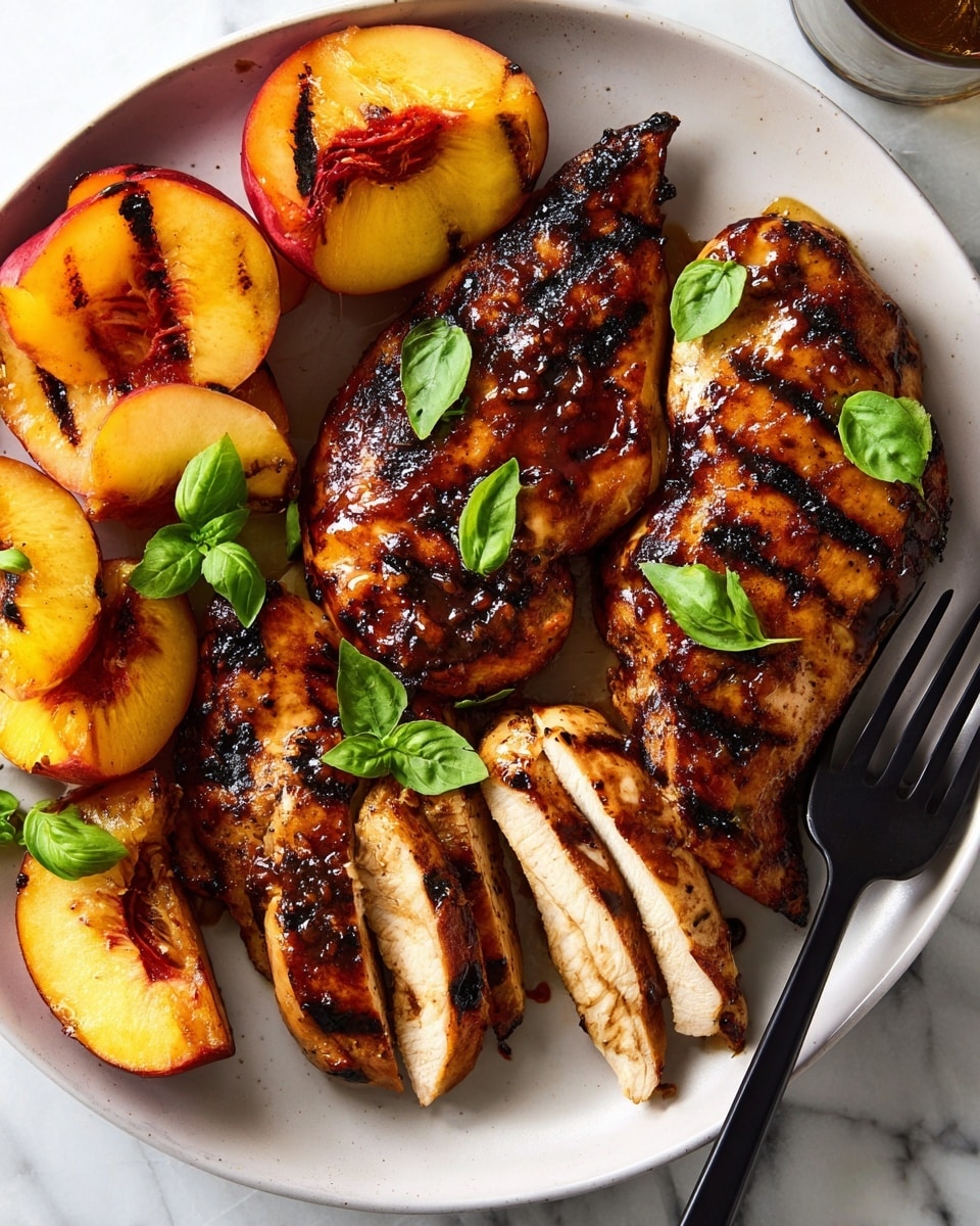 The image shows a white plate with four grilled chicken breasts that have dark char marks and a glossy, slightly sticky glaze, each topped with small green basil leaves. One chicken breast is sliced to show its juicy, white inside. Surrounding the chicken are four grilled peach halves with visible charred lines and a golden, slightly caramelized surface. A black fork rests on the right side of the plate, which is set on a white marbled surface. photo taken with an iphone --ar 4:5 --v 7