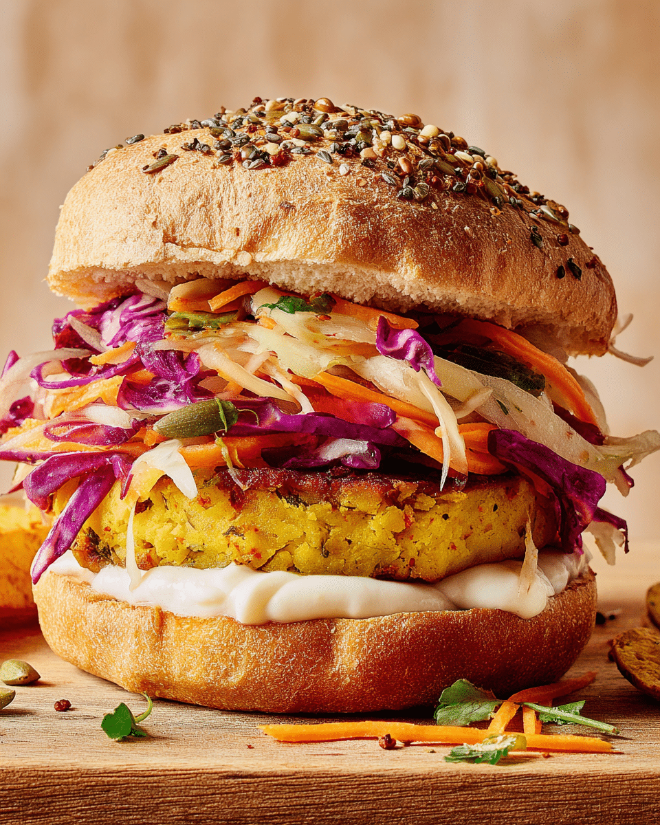 The image shows a close-up of a sandwich with four main layers. The bottom layer is a soft brown bun spread with creamy white sauce. Above it, there is a thick yellow patty that looks spiced and grilled. On top of the patty, there is a colorful mix of shredded vegetables including purple cabbage, orange carrots, and green herbs creating a fresh, textured layer. The top layer is a brown sandwich bun sprinkled with various seeds like oats and flaxseeds, giving it a textured look. The whole sandwich sits on a wooden surface with some shredded vegetables spilled around it, and the background has a soft beige color. photo taken with an iphone --ar 4:5 --v 7