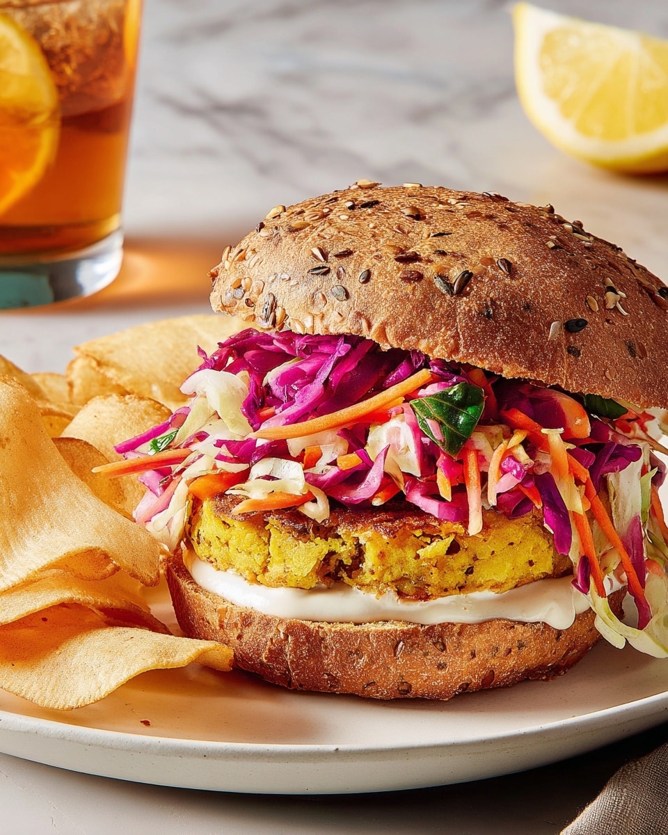 A sandwich on a white plate with a seeded whole grain bun on top, showing many seeds and oats. The sandwich has three visible layers: a bottom layer with white sauce spread on the toasted bun, a thick yellow patty with a slightly rough texture sitting above the sauce, and a top layer of colorful shredded vegetables including purple cabbage and orange carrot pieces spilling out around the edges. The sandwich is placed on a white marbled surface, with crispy golden-brown chips and a lemon wedge beside it. A glass of iced tea is partly visible in the background. Photo taken with an iphone --ar 4:5 --v 7