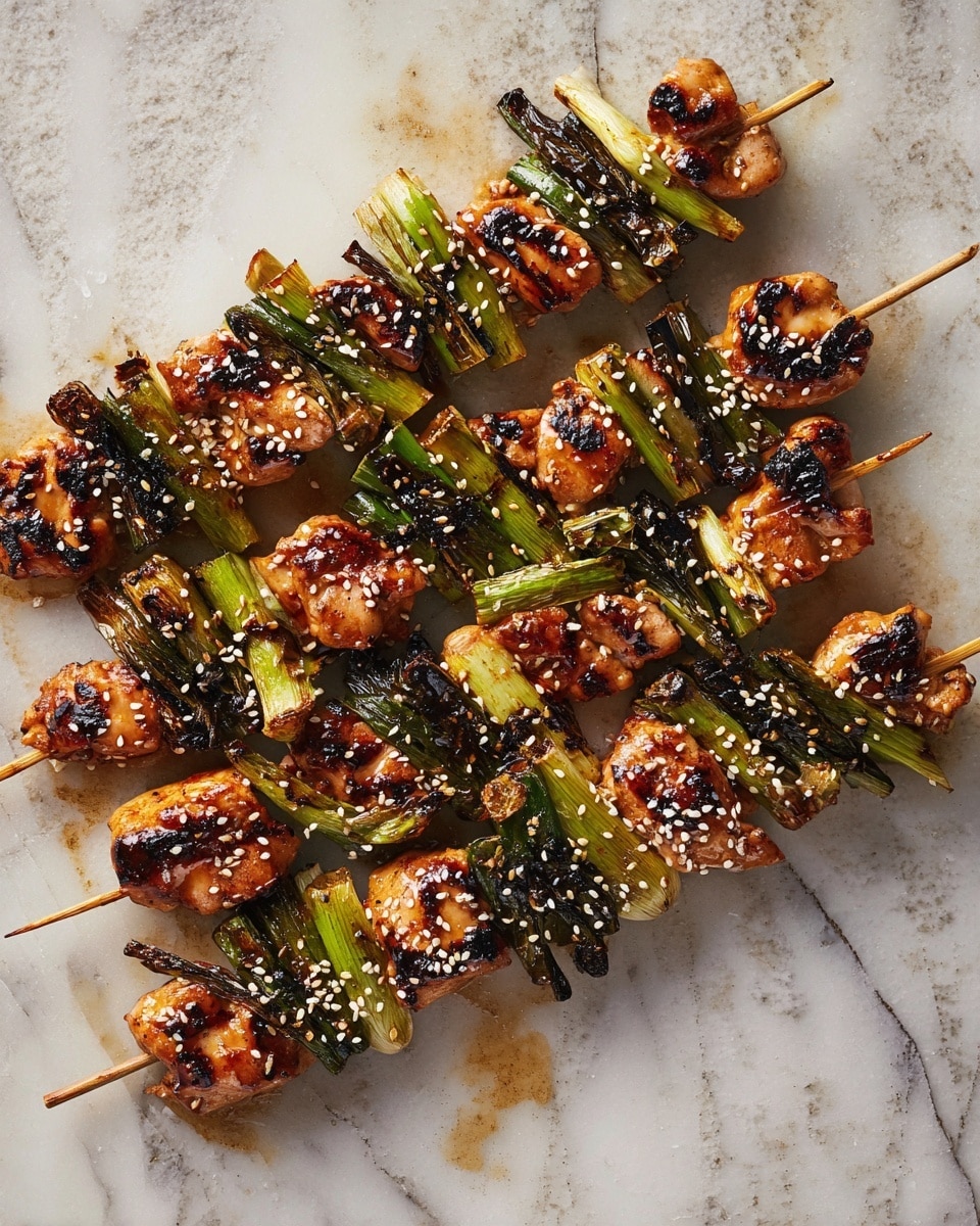 The image shows several grilled skewers laid out on a surface with a white marbled texture. Each skewer has alternating layers of grilled chicken pieces, which are golden brown with charred grill marks, and green onions that are slightly blackened from grilling. The chicken pieces are juicy and coated lightly with a glaze, giving them a shiny look, while the green onions show a mix of bright and charred green shades. The skewers are sprinkled with white sesame seeds for added texture and visual appeal. photo taken with an iphone --ar 4:5 --v 7
