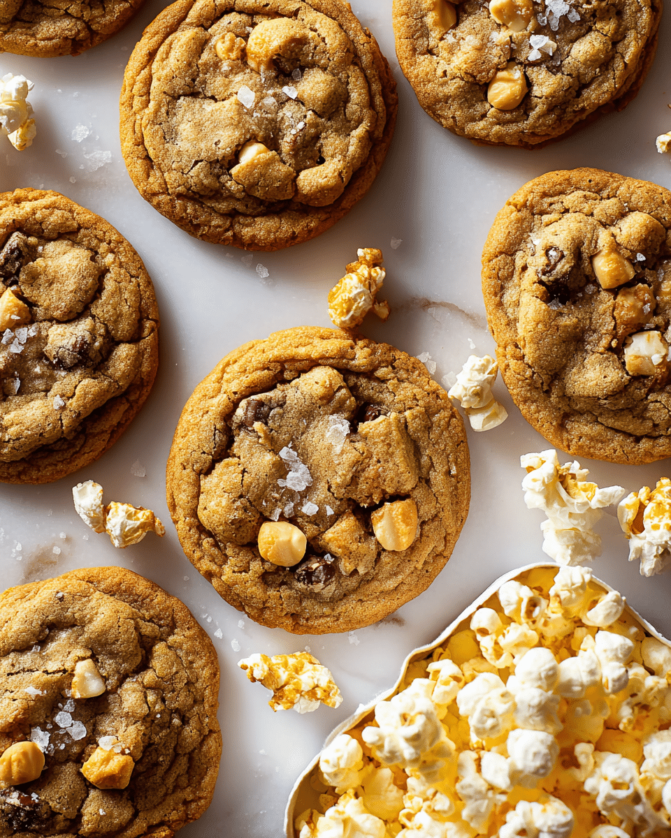 A close-up view of several golden brown cookies laid flat on a white marbled surface, each cookie having a slightly rough texture with cracks and chunks throughout. The cookies contain mixed ingredients inside including visible dark chocolate spots, light beige peanuts, and small pieces of popcorn on top. There is a light sprinkle of coarse sea salt crystals scattered across the cookies and the surface. On the lower right corner, part of a white box filled with fluffy, yellow popcorn is visible. photo taken with an iphone --ar 4:5 --v 7