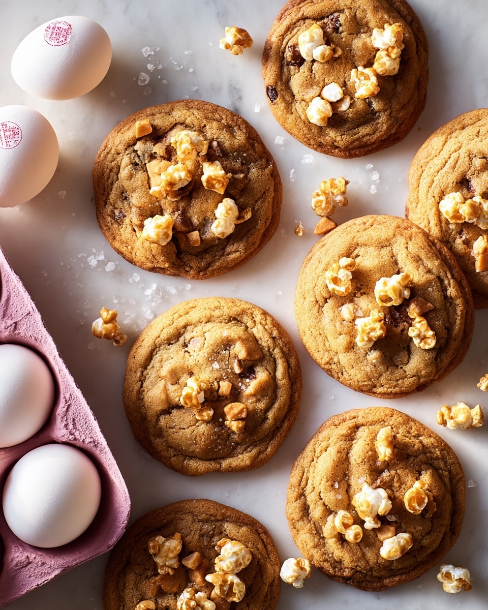 A group of round cookies with a golden brown color, each cookie topped with light caramel popcorn pieces and scattered nuts, showing a slightly cracked surface and some dark chocolate spots inside. The cookies are arranged loosely on a white marbled surface, with small flakes of sea salt sprinkled around. To the left side, there is a pink carton holding three white eggs with red stamps, partially visible in the corner. The lighting highlights the warm tones of the cookies and their textured topping. Photo taken with an iphone --ar 4:5 --v 7