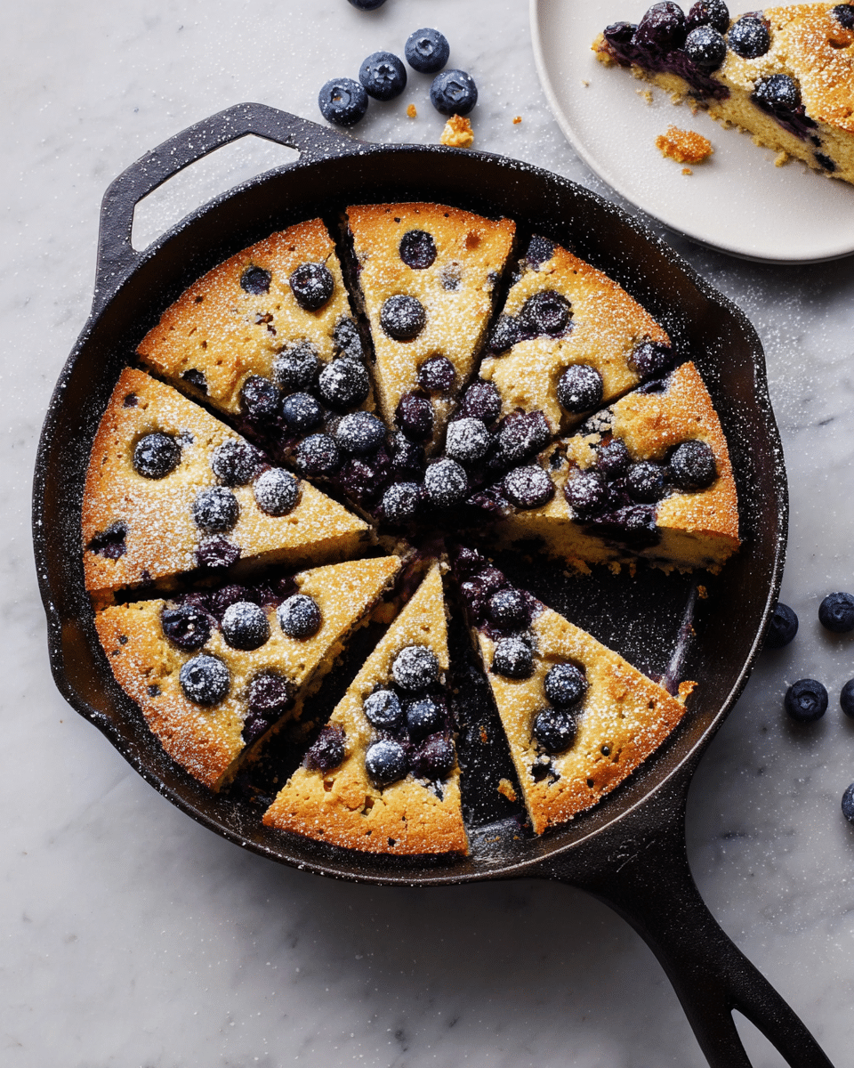 The image shows a round blueberry cake in a black cast iron skillet, cut into eight triangular slices with two slices slightly removed revealing moist blue layers mixed with golden cake. The top layer is golden-brown with scattered whole blueberries, some slightly sunken into the cake, giving a textured look. There is a light dusting of powdered sugar across the cake surface and the edges appear slightly crispy. In the background, a white marbled texture is visible with a white plate holding a partially eaten slice of the same cake, crumbs scattered around. A few loose blueberries are randomly placed on the marbled surface near the skillet. Photo taken with an iphone --ar 4:5 --v 7