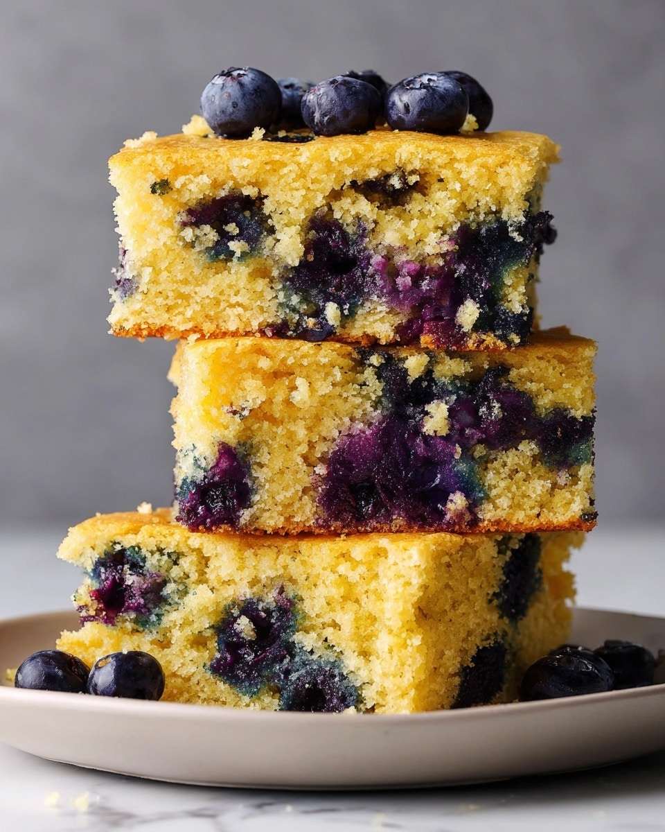 A stack of three thick square pieces of golden yellow cornbread with scattered dark purple blueberries baked inside, some bursting and releasing blue-purple juice that stains areas around them, creating a mix of purple and blue spots throughout the soft, crumbly texture. The top piece shows several whole blueberries on its surface, while the middle and bottom pieces reveal the inside full of blueberries, with moist and slightly grainy crumb. The stack sits on a white plate on a white marbled surface with a soft light highlighting the cornbread’s texture. Photo taken with an iphone --ar 4:5 --v 7