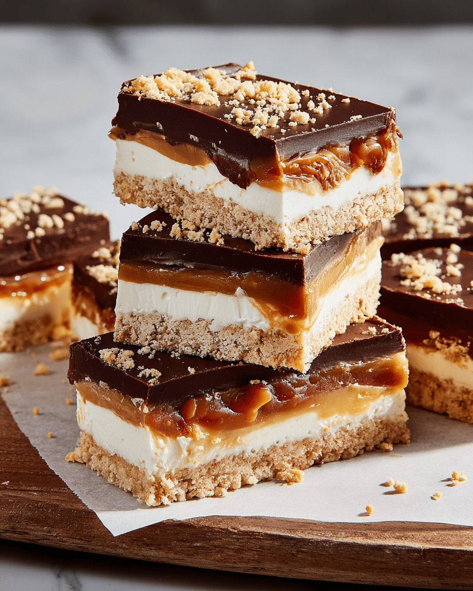 The image shows several stacked dessert bars with four clear layers: a thick, crumbly light brown base, followed by a glossy caramel layer, then a smooth, creamy white layer, and topped with a thick, rich dark chocolate layer sprinkled with crushed light brown crumbs. The bars have some chunks broken off, showing the layers well, all sitting on a piece of wood with a white marbled surface beneath. Soft natural light highlights the smoothness of the chocolate and caramel. photo taken with an iphone --ar 4:5 --v 7