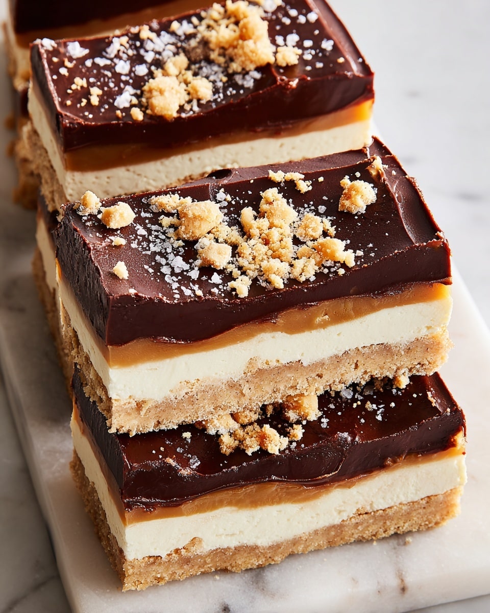The image shows four bar-shaped desserts placed closely together on a white marbled surface. Each bar has four clear layers: a thick light brown crumbly base, a thin glossy caramel layer above it, followed by a thick creamy white middle layer, and a smooth dark chocolate top layer. The dark chocolate layer is sprinkled with crushed beige cookie crumbs and small flakes of white salt. The edges of the bars are cleanly cut, with the top chocolate layer slightly textured with gentle waves. Photo taken with an iphone --ar 4:5 --v 7