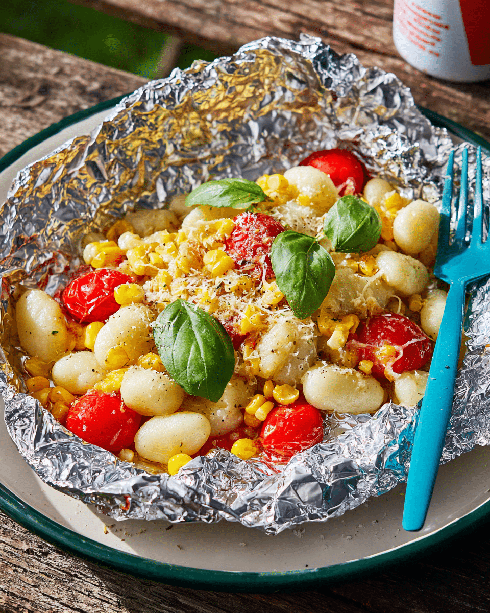 A close-up view of a foil packet containing a fresh pasta dish with three main layers, the base layer is white gnocchi with a smooth texture, scattered evenly across the foil; on top of this are bright yellow corn kernels and vibrant red whole cherry tomatoes, adding color contrast, and the final layer is a light sprinkle of grated white cheese and a few fresh green basil leaves placed on top, creating a fresh and colorful look, the foil is crinkled and shiny, containing all the ingredients, and the foil packet is set on a white plate with a dark green rim, resting on a wooden surface with visible texture, a blue plastic spork is placed on the right side inside the foil, and in the blurred background, there is a white and red can partially visible, photo taken with an iphone --ar 4:5 --v 7