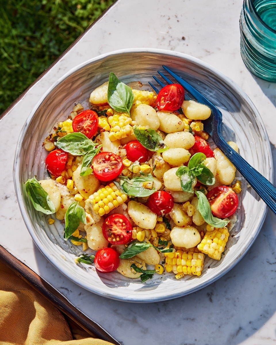 A white plate holds a colorful mix of food with three main layers visible. The bottom layer is small grilled corn pieces, bright yellow with slight charring. On top, there are soft, light beige gnocchi pieces that look tender and slightly shiny. Scattered around and mixed in are whole red grape tomatoes, adding vibrant pops of color. Fresh green basil leaves finish the dish, placed on top and around the food. A blue spork rests on the plate’s edge with a cherry tomato and some corn on it. The plate sits on a white marbled texture surface, suggesting a bright outdoor setting. photo taken with an iphone --ar 4:5 --v 7