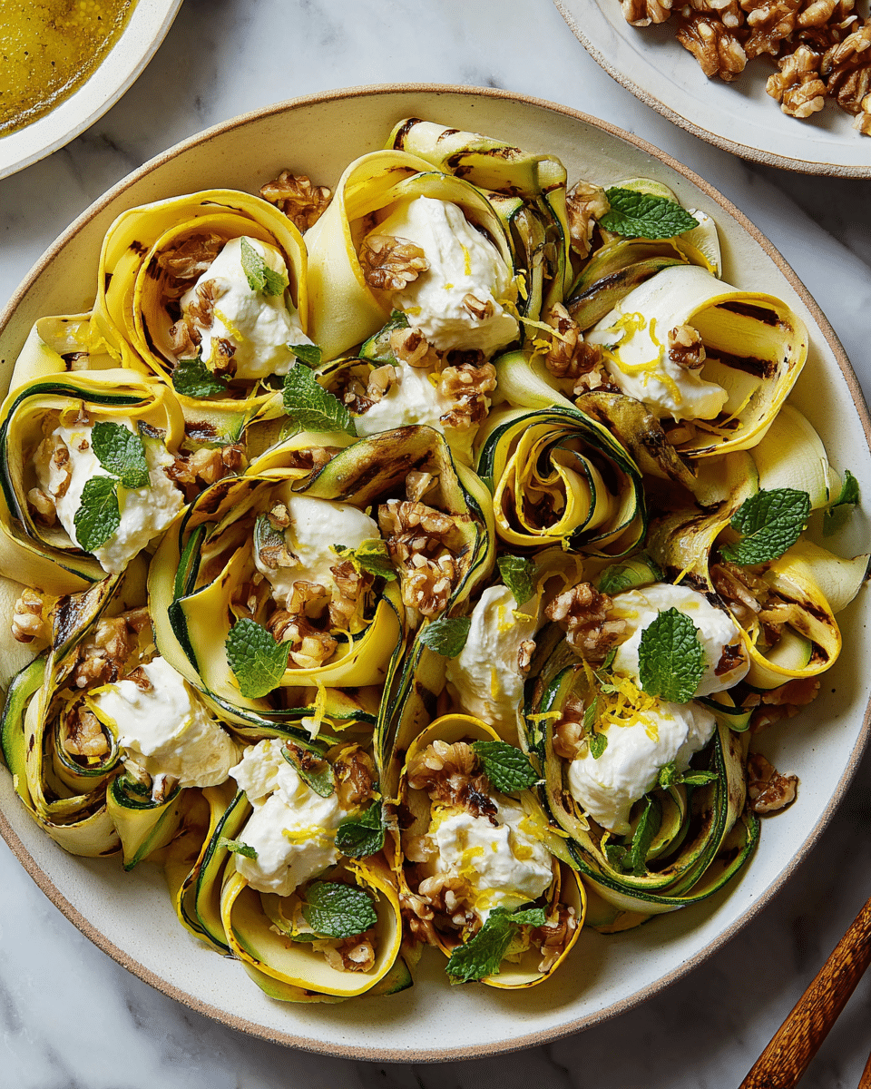 A round white plate holds curled ribbons of grilled yellow and green zucchini with visible dark grill marks, arranged closely together forming a layered pattern. On top, dollops of soft white cheese add a creamy texture, each topped with small green mint leaves and sprinkled with brown toasted seeds. Scattered whole walnut pieces add a crunchy contrast, and there are small bright yellow lemon zest shreds spread over the dish. The background is a white marbled surface, with part of another white plate holding walnuts in oil visible on the side. Photo taken with an iphone --ar 4:5 --v 7