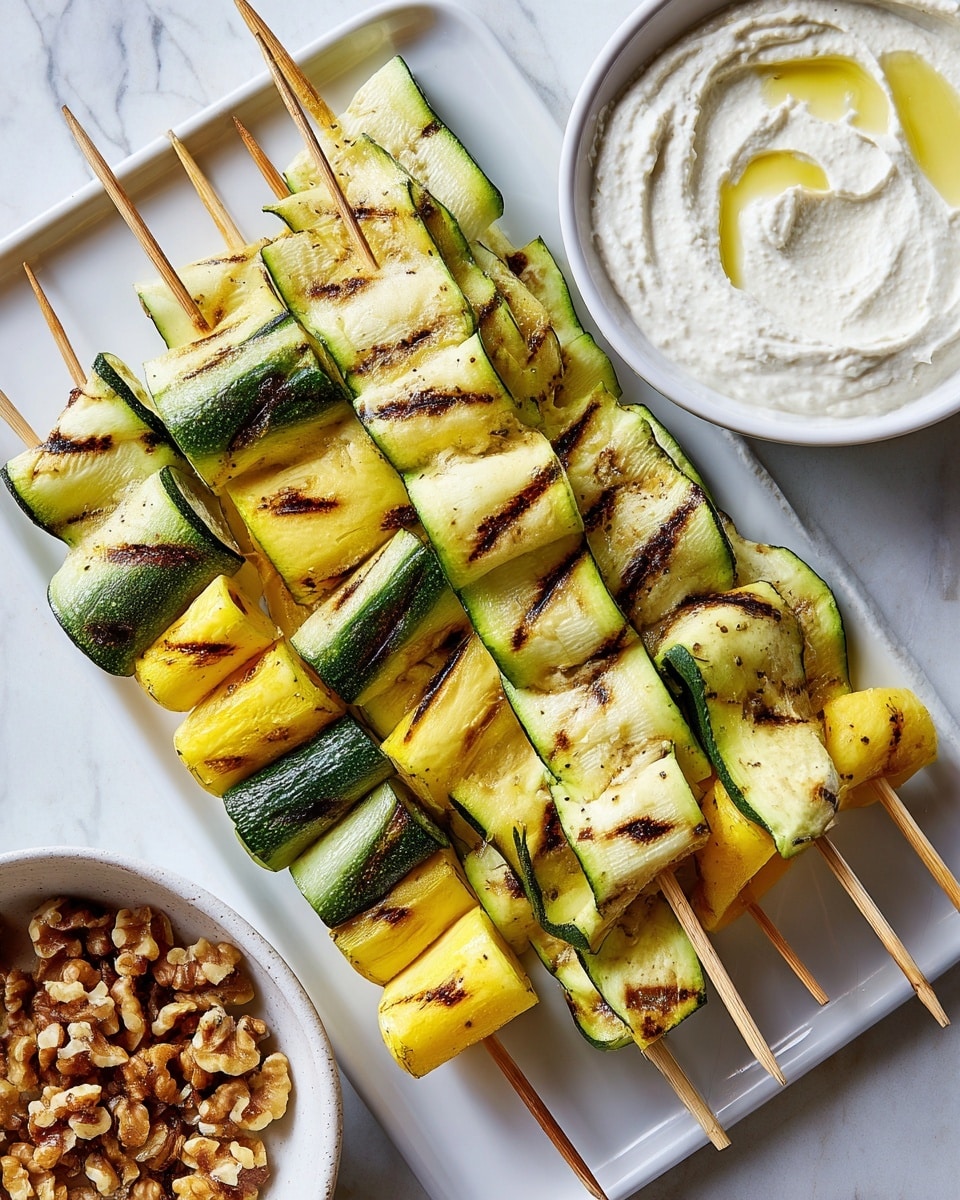 Thin slices of grilled zucchini and yellow squash are folded and threaded onto wooden skewers, arranged neatly on a white rectangular plate. The zucchini slices have bright green edges with marked dark grill lines, while the yellow squash slices show pale yellow skin with similar grill marks. On the right side of the plate, there is a white bowl filled with a creamy, white dip that has a smooth texture. In the bottom left corner, part of another white bowl is visible, containing a mixture of walnut pieces and golden oil. The whole scene is set on a white marbled surface. photo taken with an iphone --ar 4:5 --v 7