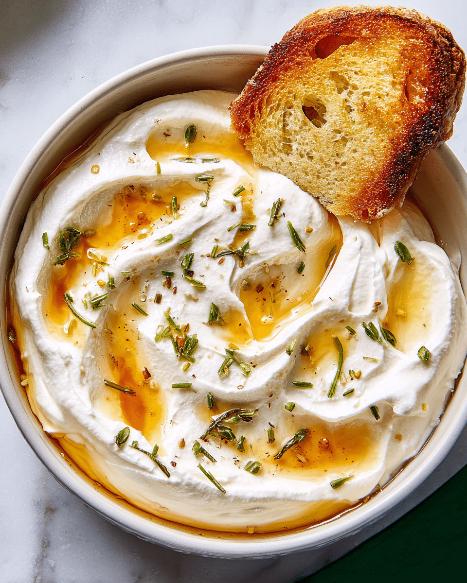 A close-up view of a white bowl filled with three layers: the base is creamy white yogurt with soft, smooth swirls on top; the second layer is golden-brown oil drizzled unevenly in shallow pools over the yogurt; the top layer is small green herb pieces sprinkled evenly across, adding texture and color contrast. A piece of golden toasted bread with a crispy texture rests on the edge of the bowl. The bowl sits on a white marbled surface. photo taken with an iphone --ar 4:5 --v 7