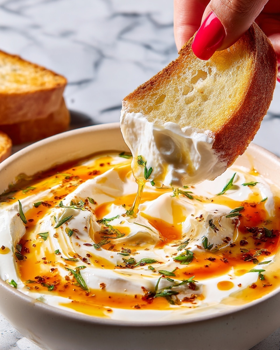 A close-up image of a thick white creamy dip swirled with a shiny orange sauce, sprinkled with small green herb pieces, laid inside a white round bowl. A slice of toasted golden-yellow bread is being dipped into the creamy mixture by a woman's hand with red nail polish, with some orange sauce dripping down from the bread. The background is a white marbled texture. photo taken with an iphone --ar 4:5 --v 7