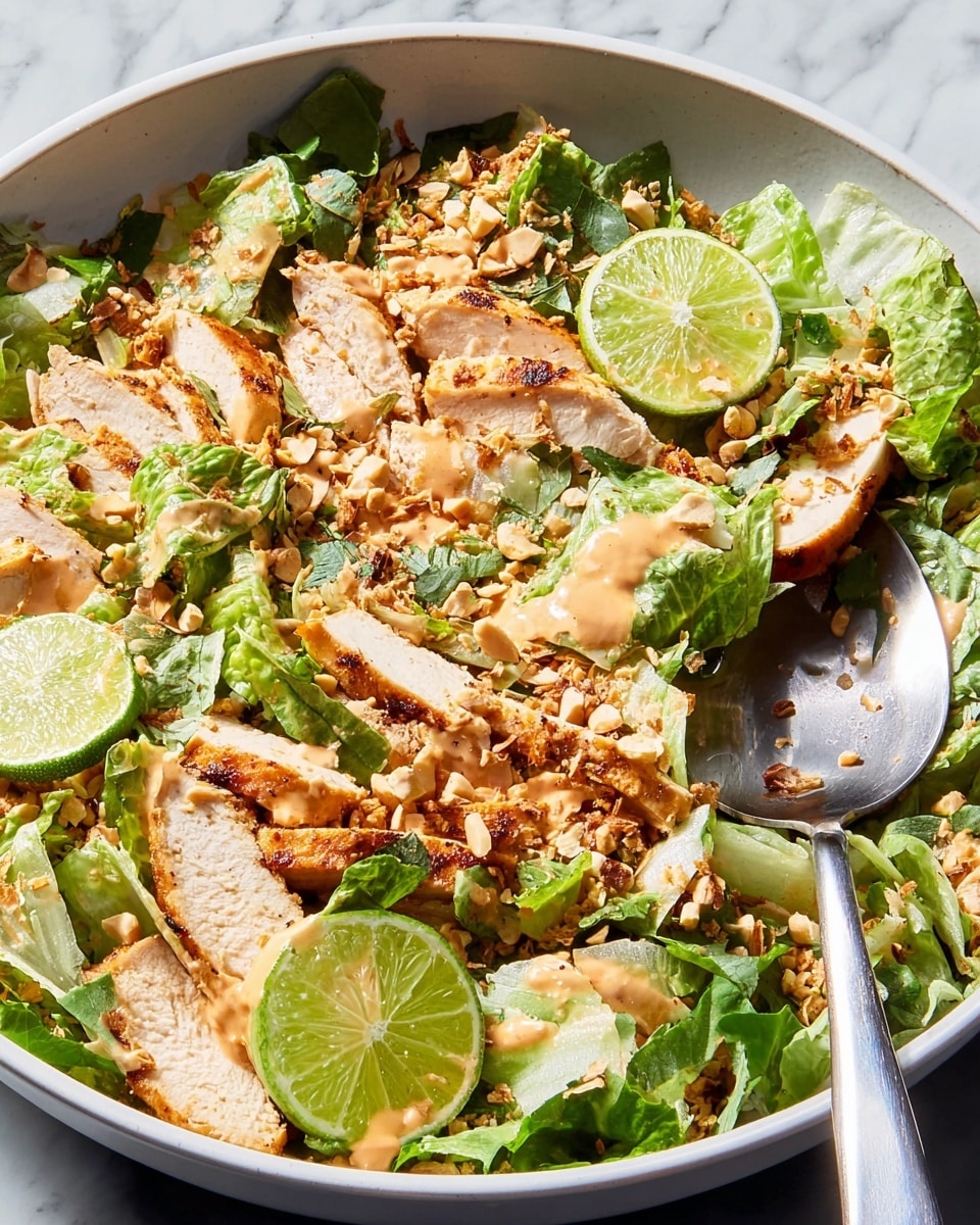 A large white bowl filled with layers of fresh green lettuce leaves as the base, topped with thick slices of golden-brown grilled chicken scattered evenly across. Thin slices of bright green lime wedges are placed on top and mixed well within the salad. A creamy light orange dressing is drizzled over everything, with small bits of crushed peanuts sprinkled generously, adding texture. A silver spoon is partially buried in the salad on the right side, ready to serve. The bowl sits on a white marbled surface. Photo taken with an iphone --ar 4:5 --v 7