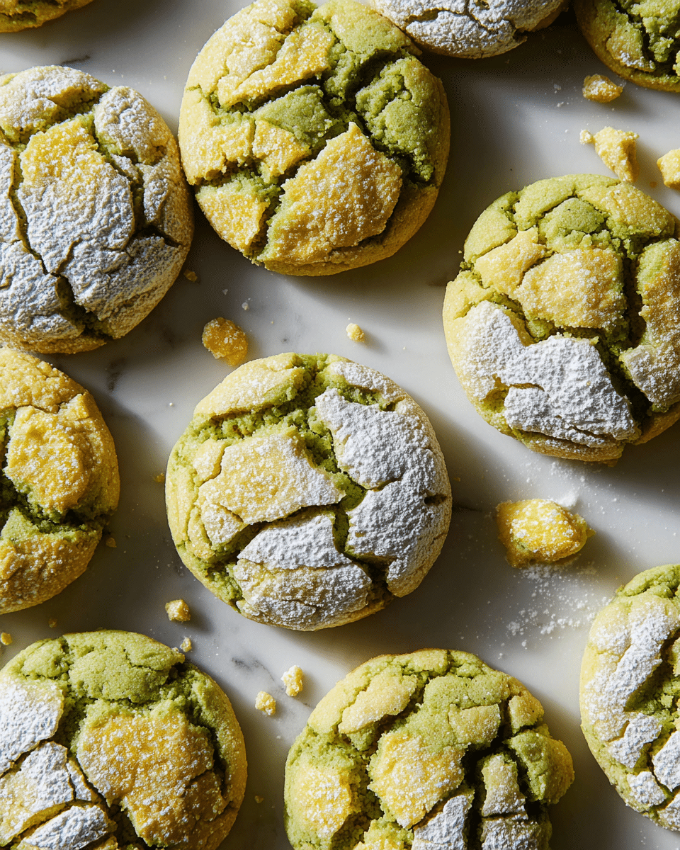 The image shows many round cookies with two main layers: a green base layer with a cracked, soft texture and a top layer of uneven, pale yellow chunks scattered over each cookie. Some of the yellow pieces look crumbly and cracked. A light dusting of white powdered sugar is sprinkled lightly on top of the cookies, especially in the middle. The cookies are spread out on a flat white marbled surface, with a few crumbs scattered around them. The lighting highlights the texture and colors well, making the cookies look fresh and soft. photo taken with an iphone --ar 4:5 --v 7
