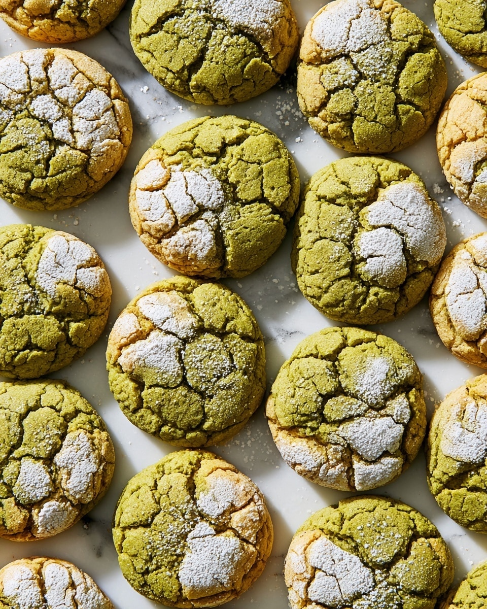 The image shows a close-up view of many round cookies arranged in rows on a white marbled surface. Each cookie has two main layers: the base layer is a greenish, cracked dough with a rough texture, and the top layer is a lighter, pale yellow cracked crust with a slightly rough and flaky texture. Some cookies have small patches of white powdered sugar sprinkled unevenly across the tops. The cookies are closely placed together, filling the frame with no gaps. photo taken with an iphone --ar 4:5 --v 7