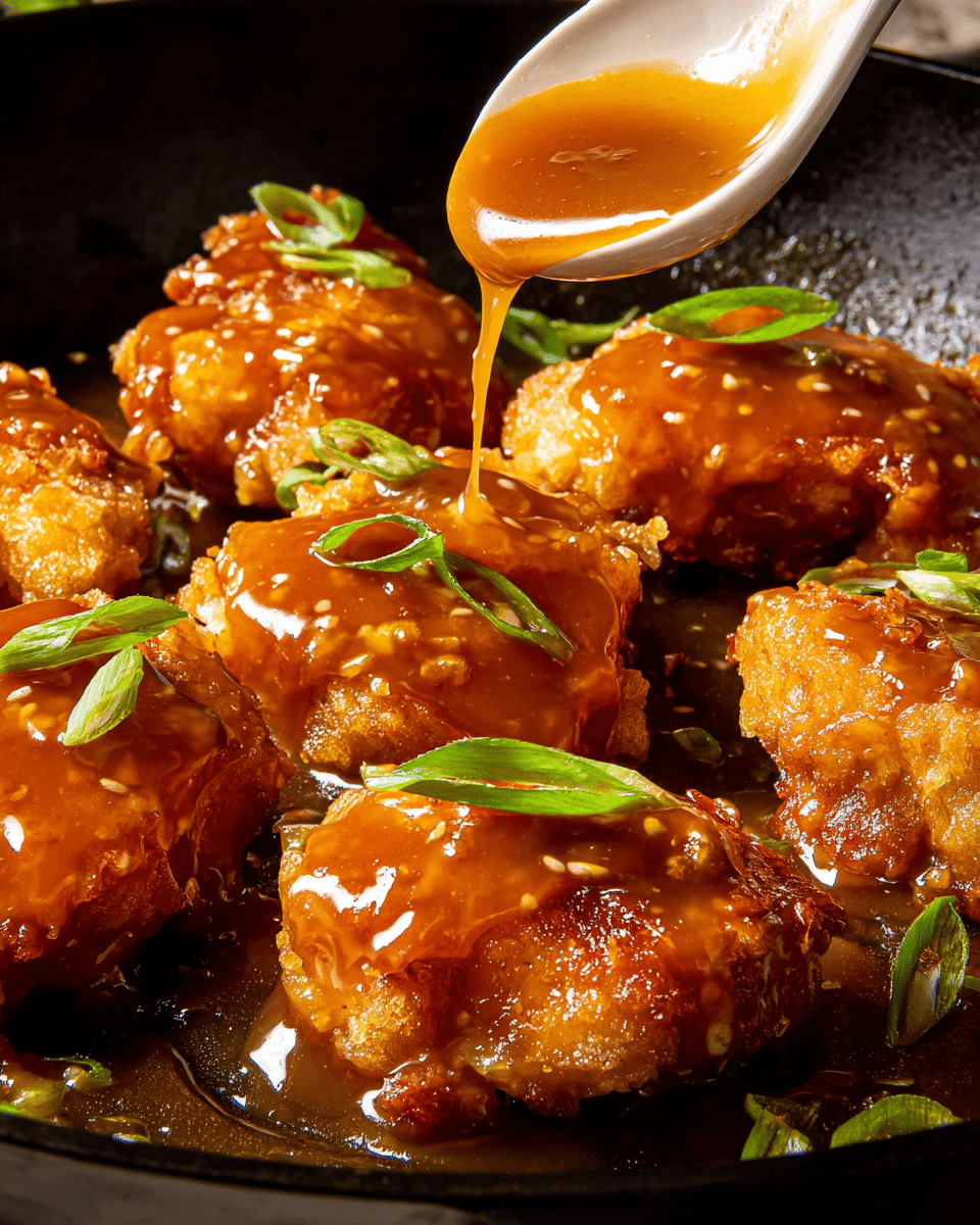 Close-up of several golden brown fried chicken pieces in a black pan, each topped with a thick, shiny orange-brown sauce that is being poured from a white spoon onto the center piece. The chicken pieces have a crispy texture with visible crunchy edges and are garnished with scattered bright green sliced scallions. The sauce has a smooth texture with small bits and coats each piece, glistening under the light, while the background shows the black pan surface with some oil drops. photo taken with an iphone --ar 4:5 --v 7