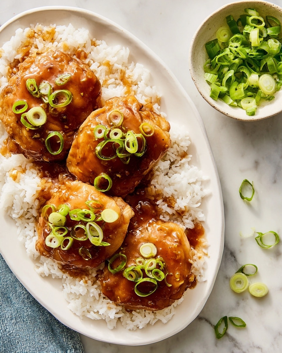 A white oval plate holds a bed of fluffy, white rice as the base layer, covering the entire plate. On top, there are three pieces of golden-brown chicken thighs, each one generously covered with a shiny, thick brown sauce that looks sticky and rich. Scattered on the chicken are thin slices of bright green scallions that add a fresh pop of color. Next to the plate, on a white marbled surface, there is a small white bowl filled with more cut green scallions, with a few slices spilled around it. The photo taken with an iphone --ar 4:5 --v 7