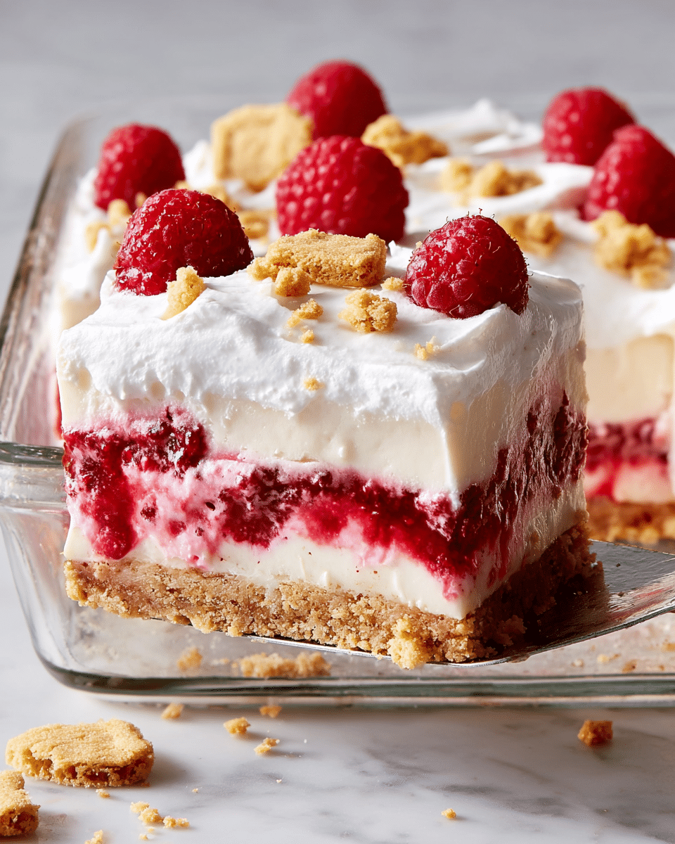 A square slice of dessert is being lifted with a spatula from a clear glass dish resting on a white marbled texture. The dessert has four distinct layers: the bottom is a thick, crumbly tan-colored crust; above it is a smooth, pale creamy layer; the third layer is a bright red raspberry filling with a textured, gelatinous look and some whole raspberries visible inside; the top layer is a thick, fluffy white whipped cream spread unevenly. On top of the whipped cream are whole fresh raspberries and small pieces of crushed golden-brown cookies. The overall look is fresh and vibrant with contrasting colors and textures. photo taken with an iphone --ar 4:5 --v 7
