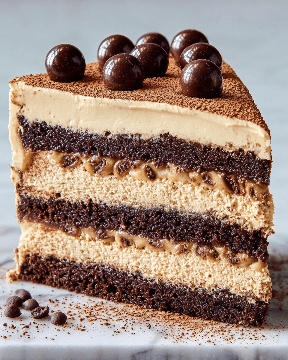 A close-up of a thick slice of layered cake on a white marbled surface, showing seven visible layers alternating between rich dark brown chocolate cake and light creamy beige filling, with the top layer covered in smooth beige cream sprinkled with light brown cocoa powder on one side and decorated with several shiny, round dark chocolate balls on the other; few cocoa powder crumbs are scattered in front of the cake. photo taken with an iphone --ar 4:5 --v 7