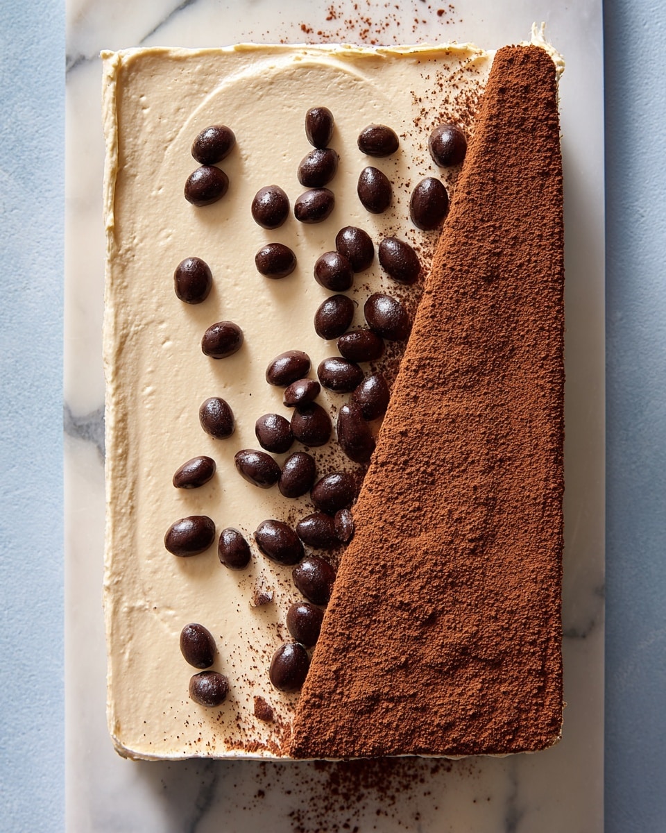 A rectangular dessert sits on a white marble tray, featuring two distinct halves. The left half is creamy beige with a smooth, soft texture, scattered with shiny dark brown chocolate-covered coffee beans. The right half is covered fully with fine cocoa powder, extending beyond the dessert’s edge onto the white marble surface, creating an artistic trail. The edges of the dessert are clean and straight, emphasizing the sharp color contrast between the creamy and cocoa-covered halves. Photo taken with an iphone --ar 4:5 --v 7
