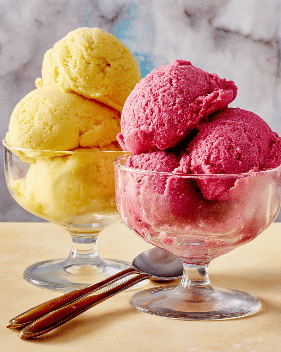 Two glass dessert cups sit on a light beige surface with a white marbled texture background. The cup on the left holds three scoops of bright yellow ice cream stacked close together, showing a slightly grainy texture. The cup on the right contains three scoops of deep pink ice cream with a frosty, smooth surface. Two silver spoons with brown wooden handles lie in the foreground, slightly overlapping. The colors and textures of the ice cream make a strong contrast against the simple background and clear glass cups. photo taken with an iphone --ar 4:5 --v 7